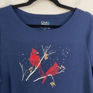NEW Croft & Barrow Womens Petite Large Long Sleeve Navy Top Cardinal Holiday